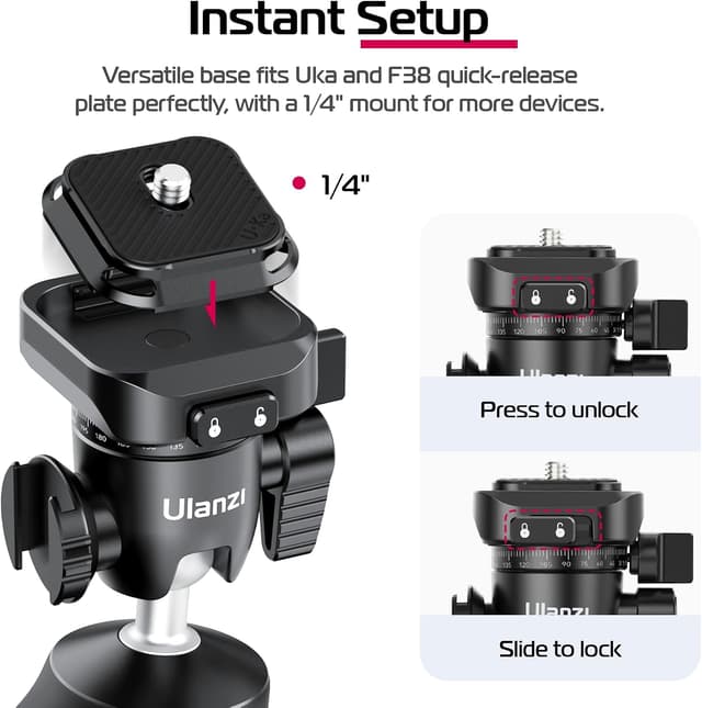 Detalle 2 de ULANZI TT38 Mini-Stativ mit 3 kg Tragfähigkeit und F38-Schnellwechselplatte (Reisestativ für Sony a7c, Nikon Z30, Fujifilm X-S10/X-S20)