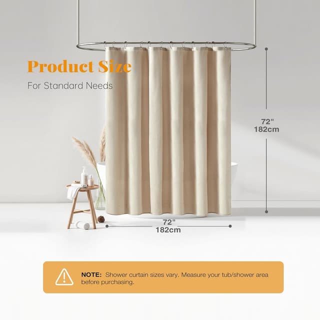 Thumbnail 6 de BTTN Linen-Texture Fabric Shower Curtain Set (72"x72") with 12 Plastic Hooks, Beige/Cream