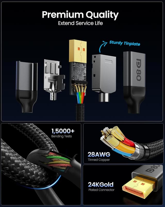 Thumbnail 5 de Silkland 80Gbps DisplayPort 2.1 Cable 6.6FT ⚡