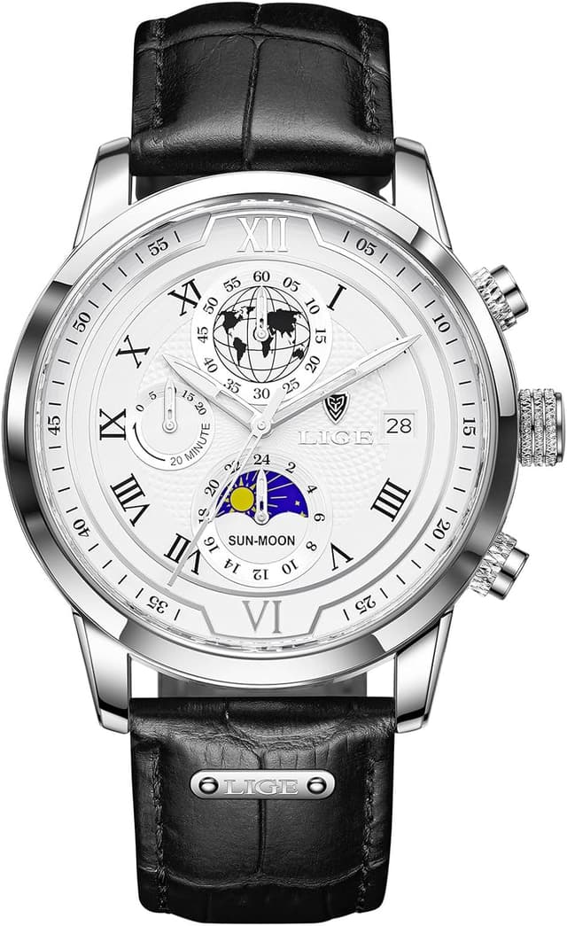 Thumbnail 6 de LIGE Herren Armbanduhr mit Lederarmband, Quarzwerk, Chronograph-Optik, Datum & Mondphase – wasserdicht bis 30 m