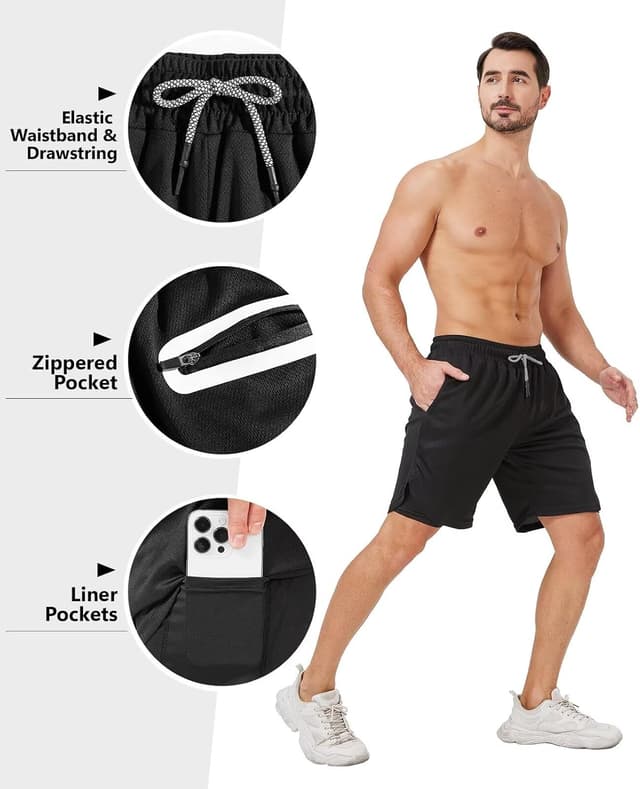 Detalle de OCYMA 3-Pack 2-in-1 Men’s Gym Shorts with Compression Liner, Pockets & Towel Loop (7 inch)