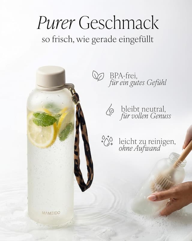 Detalle de MAMEIDO Trinkflasche mit Zeitmarkierung, 1 l – auslaufsicher & BPA-frei für Sport, Gym, Büro (Ivory Beige)