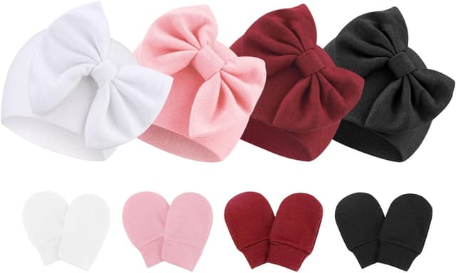 Detalle de DRESHOW newborn hats & mittens set (cotton bow hospital hat and non-scratch gloves) for 0-6 months
