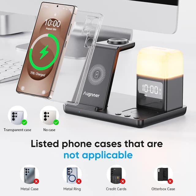 Detalle 2 de Augnner 6-in-1 Upgraded Wireless Charging Station with Alarm Clock & 3-Colour Light (up to 15W) for Samsung devices