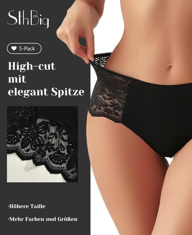 Detalle 2 de Sth Big High-Waist Unterhosen Damen mit Spitze – bequemer Brazilian Slip, atmungsaktiv (Mehrpack)