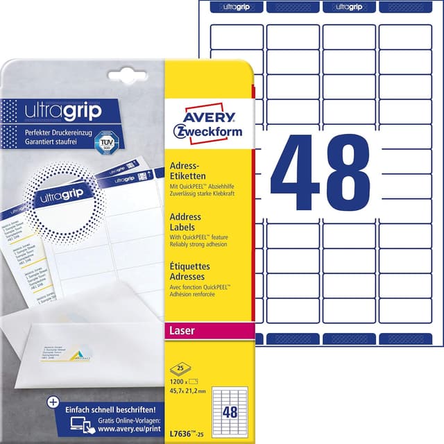 Detalle de AVERY Zweckform J4720-25 Adressetiketten (1.200 Stück, transparent, 45,7 × 21,2 mm auf A4)