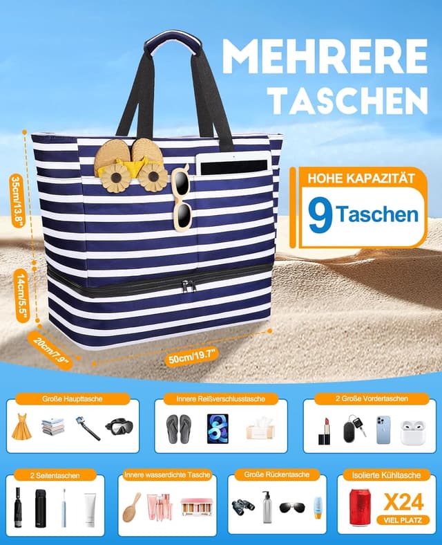 Detalle de ISEYOU Strandtasche XXL Familie mit Kühltasche (49 L) – faltbare Badetasche wasserdicht & sanddicht mit Reißverschluss