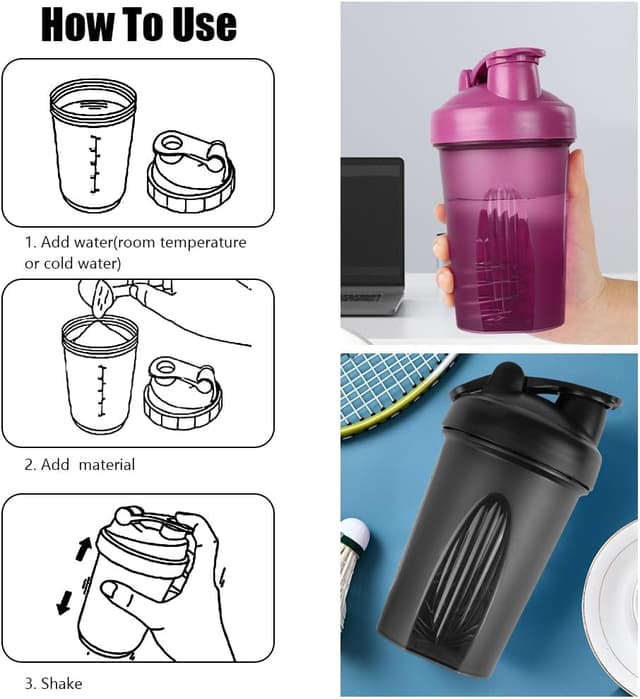 Thumbnail 2 de ACWOO Protein Shaker Bottle (500ml, 2-pack) with stainless steel mixing ball – leakproof flip-top, BPA-free, black & purple