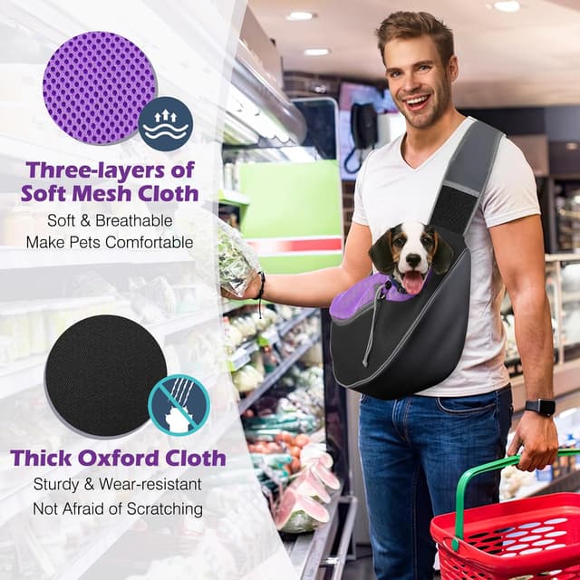 Detalle de Pawaboo Dog Sling Carrier (S) in Deep Purple — hand-free breathable mesh crossbody for puppy or small pet travel
