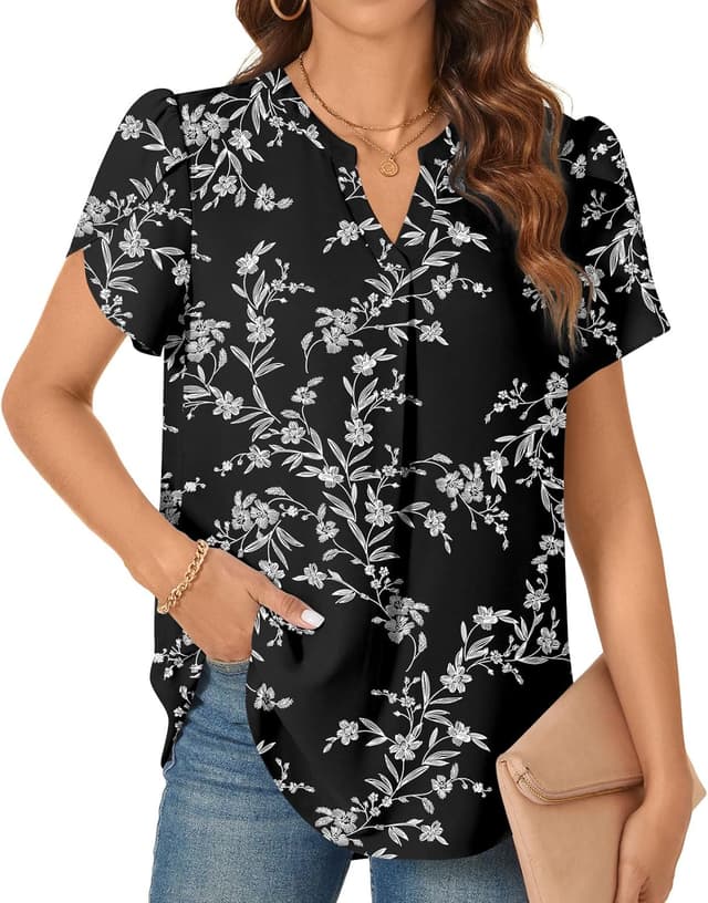 Detalle de TAOHUADAO women’s chiffon V-neck petal short-sleeve top for leggings and jeans