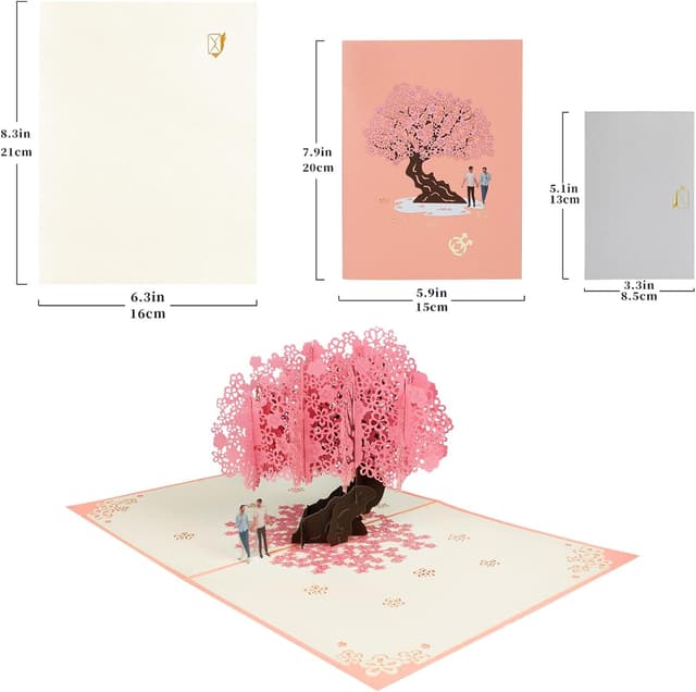 Detalle de 3D-Pop-up-Grußkarte mit Pfirsichblüten für Liebe & Hochzeit – inklusive Umschlag und Notizkarten