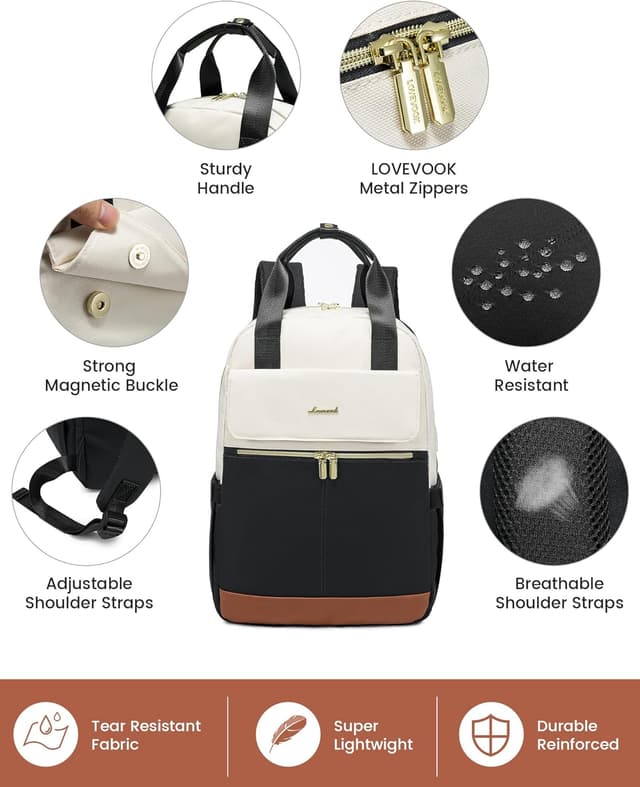 Detalle 2 de LOVEVOOK Damen-Rucksack für 15,6-Zoll-Laptop – wasserdichter City-/Reiserucksack mit USB-Ladeanschluss