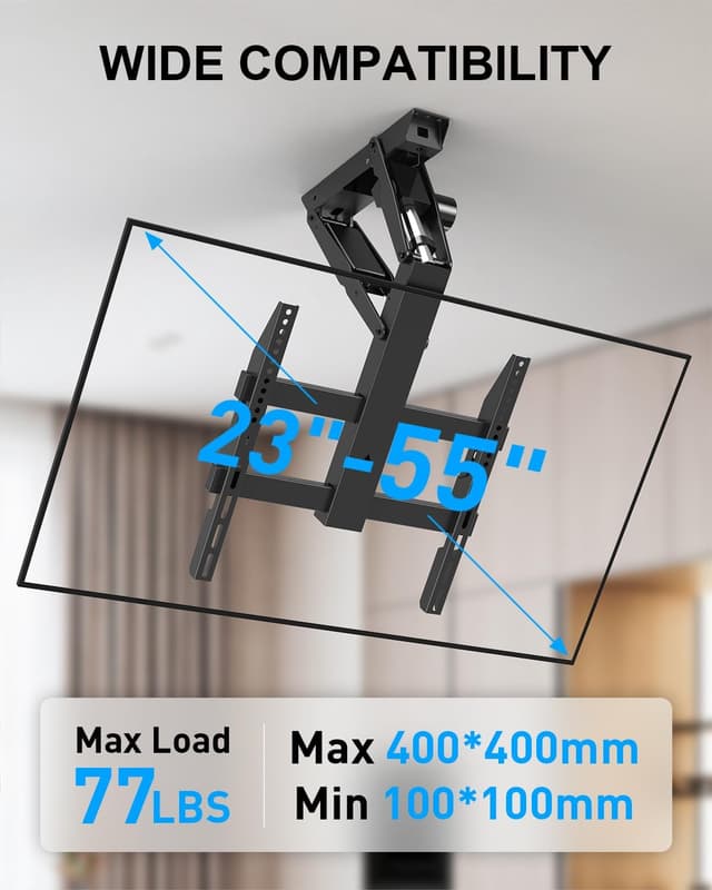 Detalle 2 de Xyndyx elektrische TV-Deckenhalterung mit Fernbedienung für 23–55 Zoll, 0°–80° neig-/absenkbar bis max. VESA 400×400 mm (schwarz)