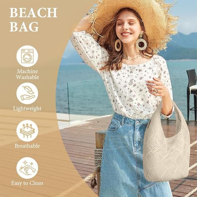 Detalle 2 de Aucuu sac fourre-tout femme en crochet ajouré, sac à bandoulière pour le shopping et le quotidien