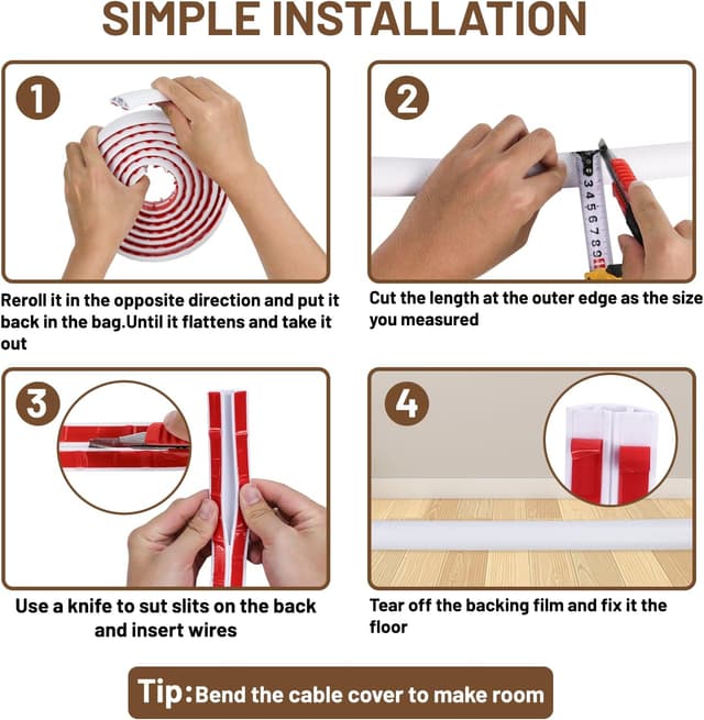 Detalle 2 de DIKARIYA Kabelkanal weiß, selbstklebend und flexibel (3 cm x 1 m) – Bodenkabelschutz für Büro, Haus und Außenbereich