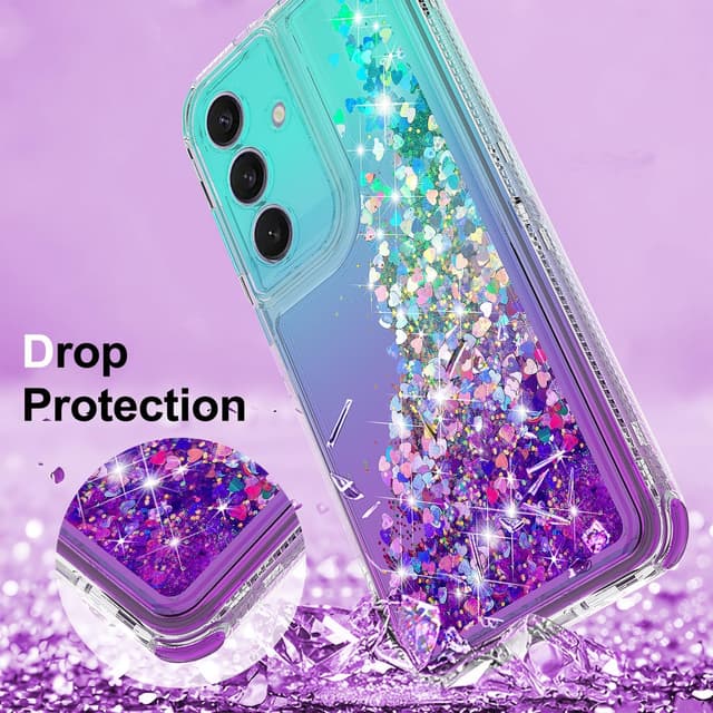 Detalle 2 de KJYLPO 360° Handyhülle für Samsung Galaxy S25 FE mit 1 Schutzfolie & 1 Kamera-Folie – Glitter Bling TPU Stoßschutz (Grün/Violett)