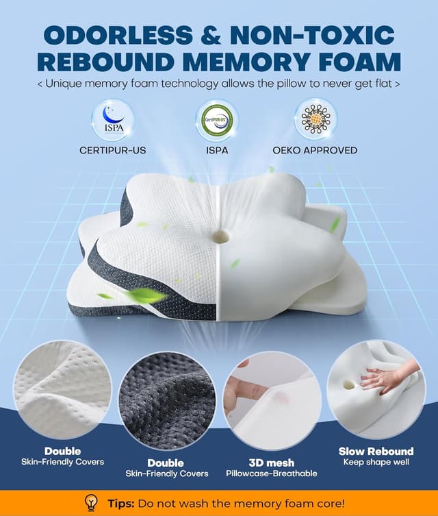 Detalle de 5X Pain Relief Cervical Neck Pillow (Ergonomic Cooling Memory Foam) for Neck Support