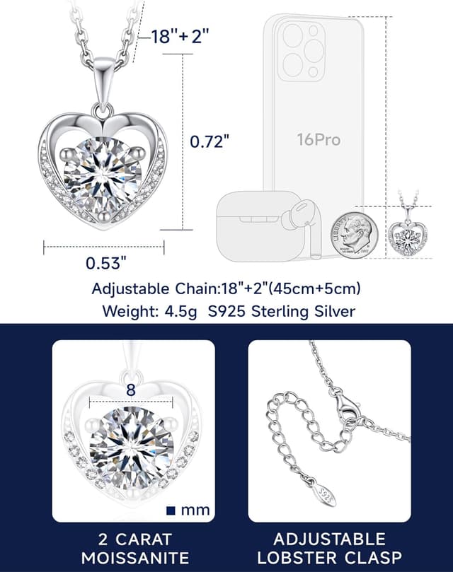 Thumbnail 6 de MomentWish Damen Halskette aus 925 Sterling Silber mit Herz-Anhänger & Moissaniten (1–2 Karat)