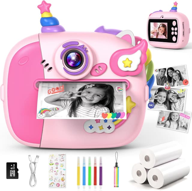 Detalle de Wootoyz Sofortbildkamera Einhorn – Kinderkamera mit Sofortdruck, 32 GB Karte, rosa