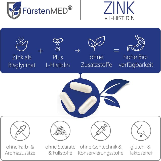 Detalle de FürstenMED® 180 Zink Kapseln hochdosiert (25 mg) aus Zinkbisglycinat mit L-Histidin und Kupfer