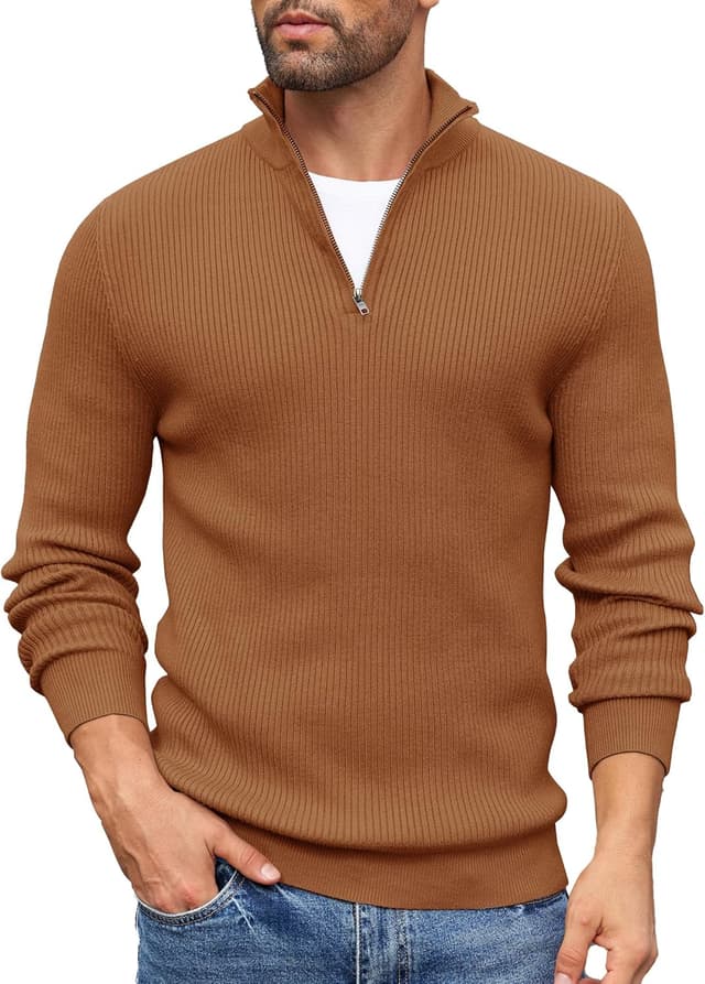 Detalle 2 de COOFANDY Men’s Quarter Zip Mock Neck Knitted Jumper (Long-Sleeved, Slim Fit)