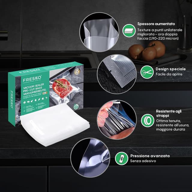 Detalle 2 de FRESKO Sacchetti Sottovuoto Alimenti 120 pezzi 20x30 cm, senza BPA e approvati FDA