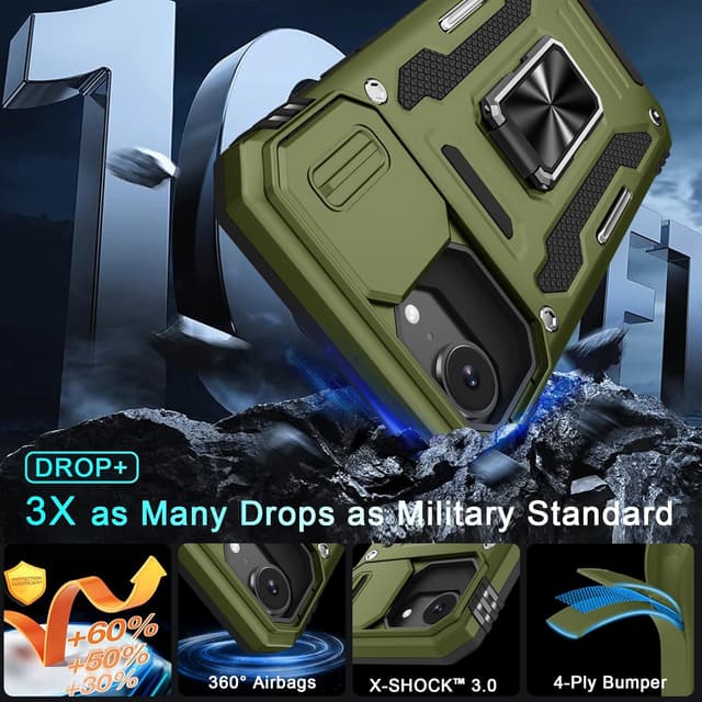 Detalle de DEERLAMN Case for iPhone 17e / iPhone 16e 6.1-inch with Slide Camera Cover, Rotated Ring Kickstand (2-Pack Screen Protectors) - Olive Green