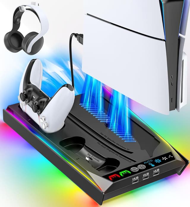 Detalle de Rysker PS5/PS5 Slim/PS5 Pro Ständer für Disc & Digital – 3-stufige Kühlstation mit RGB-LED und Controller-Ladegerät (Schwarz)