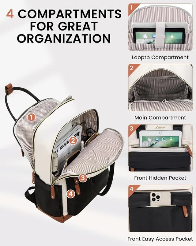 Detalle de LOVEVOOK Women’s Backpack with USB Port and 15.6-inch Laptop Protection (Beige/Black) – waterproof rucksack