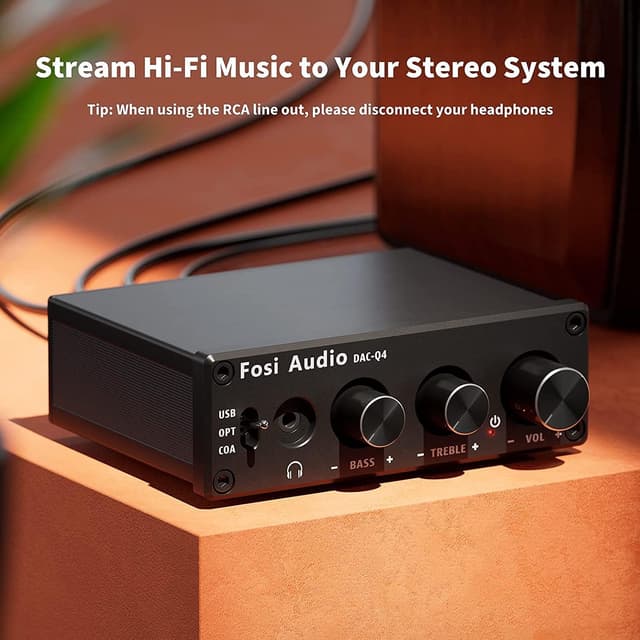 Detalle 2 de Fosi Audio Q4 — amplificateur de casque DAC USB (192 kHz) avec entrées USB, optiques et coaxiales