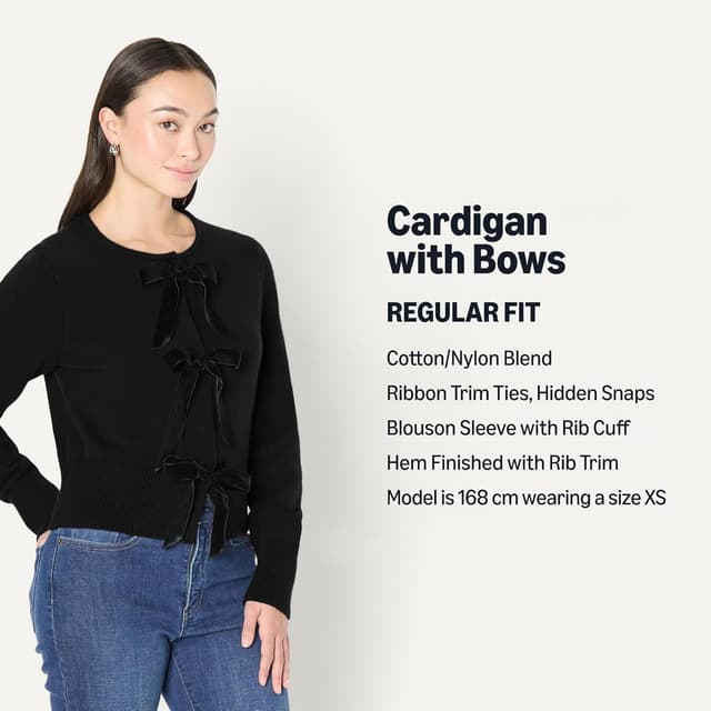 Detalle de Amazon Essentials Women’s Demi’s Pick Regular-Fit Long-Sleeve Tie Front Cardigan with Bows