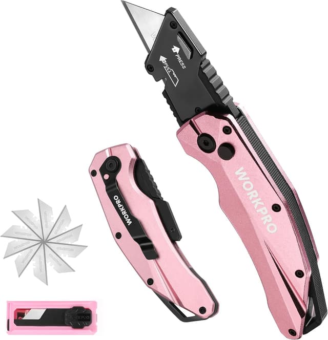 Detalle de WORKPRO Cutter Professionnel Pliant rose avec mécanisme de changement rapide et 10 lames SK5