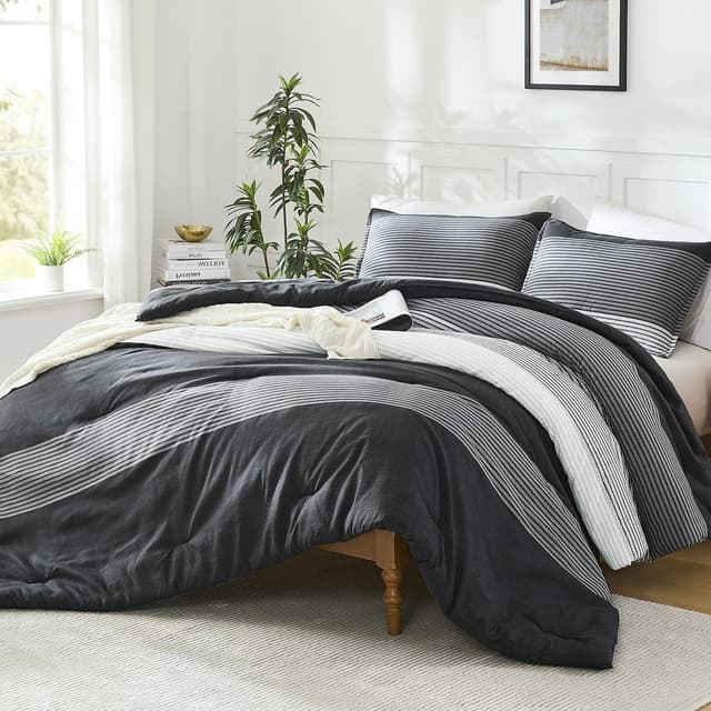 Detalle de Litanika Queen Comforter Set (Black, White, Grey) — Lightweight 3-Piece Down Alternative Bedding