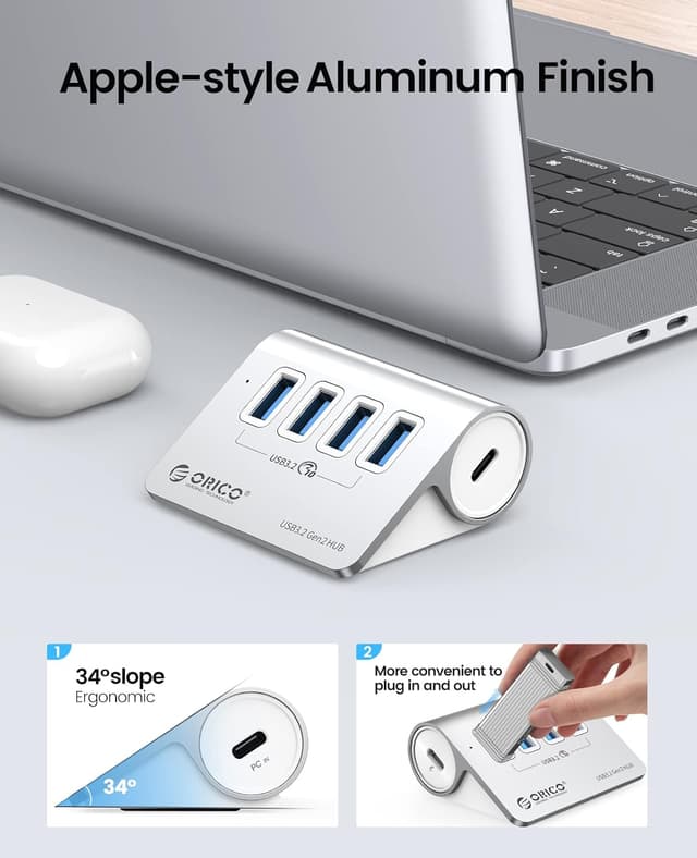 Detalle 1 de ORICO Hub USB C 4 porte con velocità fino a 10Gbps e alimentazione USB-C 5V/2A (cavo 0,5 m)