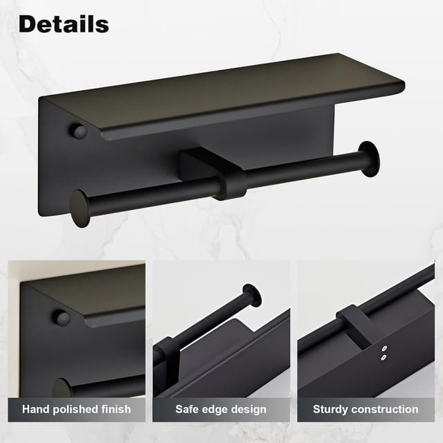 Detalle 2 de YIGUANXIN Double Toilet Smartphone Paper Holder with Shelf (Black, SUS 304 Stainless Steel) wall mounted tissue storage rack
