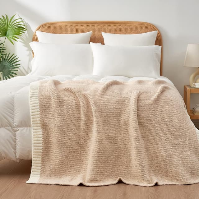 Detalle de Snuggle Sac Heather Beige Microfiber Knit Throw Blanket, Reversible 50x60 inches