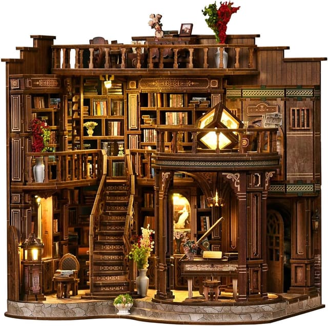 Detalle de Teoryieer Wooden Booknook DIY 3D con luci LED: libreria retrò a tema piano