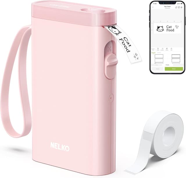 Detalle de Nelko P21 portable Bluetooth label printer with tape (pink) for phone-based stickers and organisation