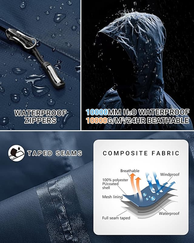 Detalle de Outdoor Ventures Damen Regenjacke 10000MM wasserdicht, atmungsaktiv, packbar mit Kapuze