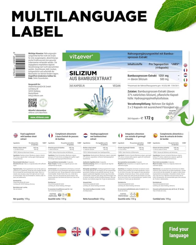 Detalle 2 de vit4ever Silizium (365 Kapseln) – organisches Silizium aus Bambusextrakt, vegan