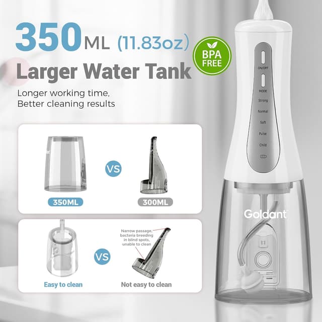 Detalle 2 de GOLDANT 2026 cordless water flosser 350ml with travel bag, 5 modes and IPX7 waterproof (White)