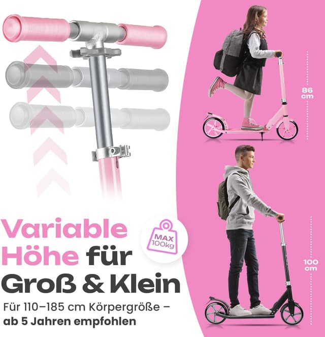 Detalle de Rollkönig faltbarer City-Scooter für Kinder ab 5 Jahren – mit großen Rädern und ein-Knopf-Klappmechanismus