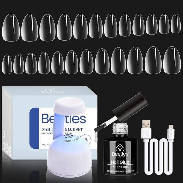 Detalle de Beetles Gel Nail Kit Almond Short (500 Pre-Shaped Tips) with UV LED Nail Lamp and 5-in-1 Glue Gel