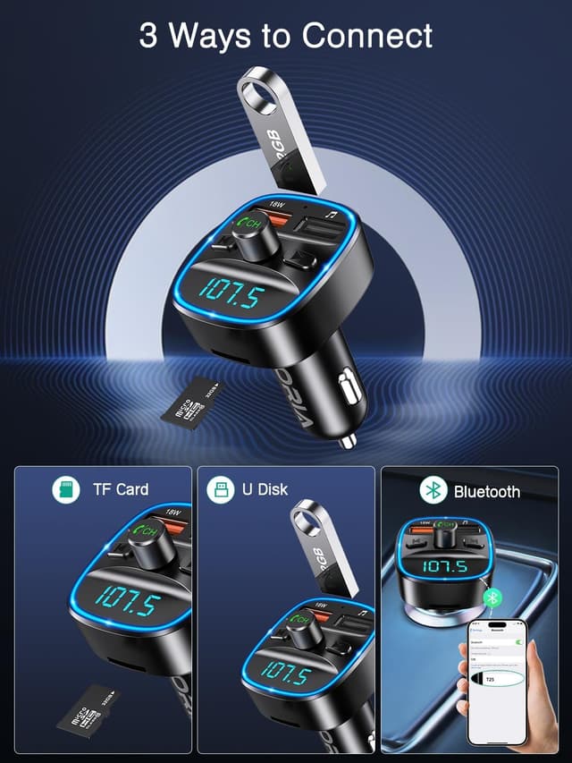 Detalle de ORIA Bluetooth FM Transmitter fürs Auto (Bluetooth 5.3, Freisprechen, Mikrofon mit CVC, SD-/USB-Wiedergabe)