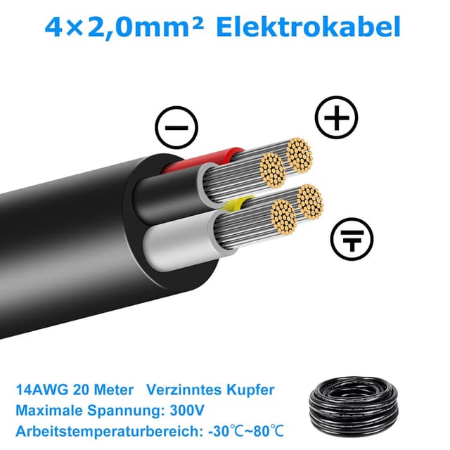 Detalle de 20 Meter 14 AWG 4x2,0 mm² 4-adriges Stromkabel (verzinntes Kupfer, PVC) für 5/12/24/300 V