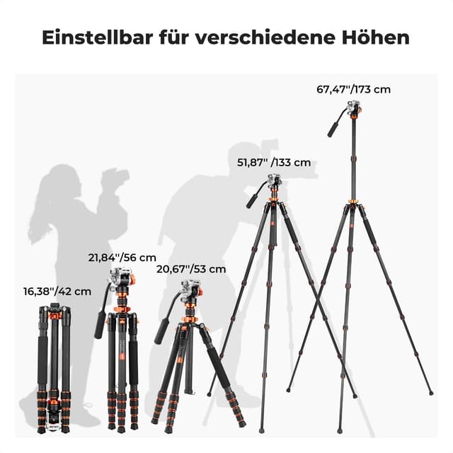 Detalle 2 de K&F CONCEPT 173 cm Carbon Videostativ mit Fluidkopf – 1,1 kg ohne Kopf, 5 kg Traglast (O255C4+FH-03)