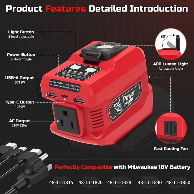 Detalle de 220W 18V Power Inverter with LED Light