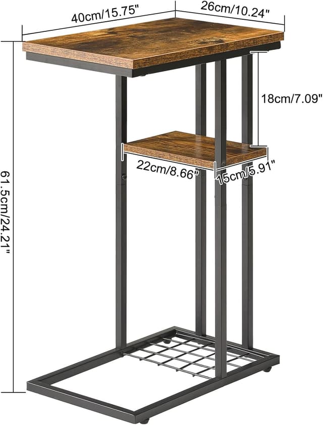 Detalle de YMYNY Tavolino laterale a forma di C HST004H per divano e letto, 40 x 26 x 61,5 cm in metallo, marrone rustico