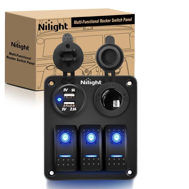 Detalle de Nilight 90115C 3-Gang Waterproof Rocker Switch Panel with Dual USB Charger Socket & 12V Cigarette Lighter