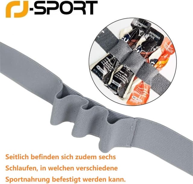 Detalle 2 de RJ-Sport Triathlon-Startnummernband als Laufgurt mit Nummernhalter & 6 Gel-Halter (schwarz)